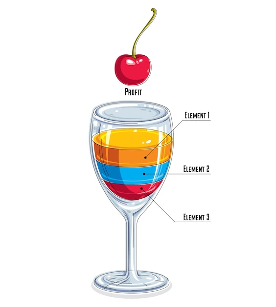 Elemento de infográficos criativos, copo de vinho 3d com ideia líquida de três camadas, coquetel com cerejas, ilustração vetorial.