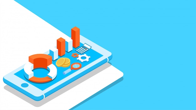 Elemento de infográficos de negócios isométrica 3d na tela do smartphone.