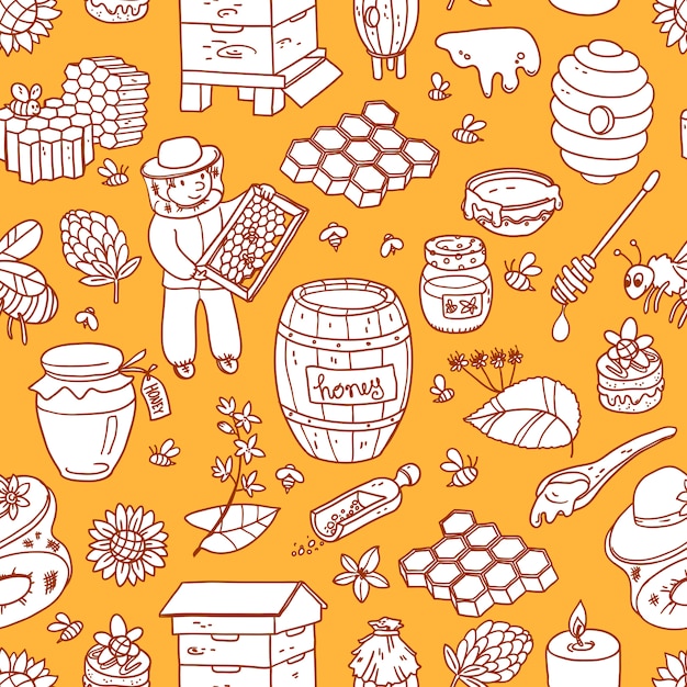 Elemento de mel vector doodle padrão sem emenda com colméia, beeke