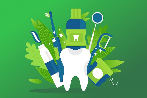 Vetor elemento de saúde bucal, ilustração de tratamento de prevenção. dente saudável de desenho branco, creme dental, escova de dentes, enxaguatório bucal