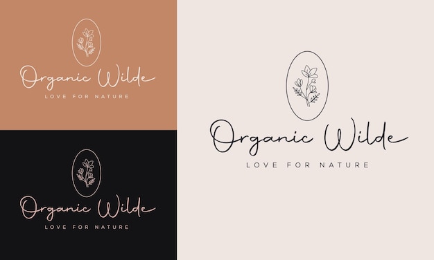 Elemento floral botânico logotipo desenhado à mão com logotipo de flores e folhas silvestres para spa e cosméticos