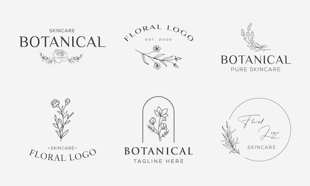 Elemento floral botânico logotipo desenhado à mão com logotipo de flores e folhas silvestres para spa e cosméticos