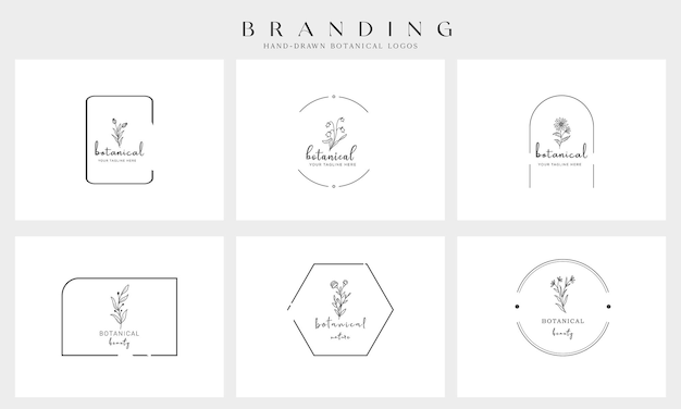 Elemento floral botânico mão desenhada logotipo com flores silvestres e folhas. Logo para spa e salão de beleza,
