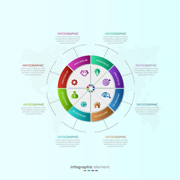 Elemento infográfico de negócios circular com oito opções