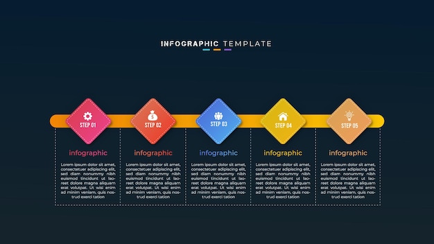 Elemento infográfico de negócios de linha do tempo de 5 etapas e design de apresentação criativa em fundo escuro