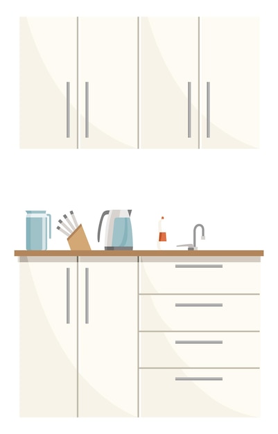 Elemento interior da cozinha dos desenhos animados móveis e utensílios domésticos na sala de jantar ilustração vetorial em estilo cartoon simples