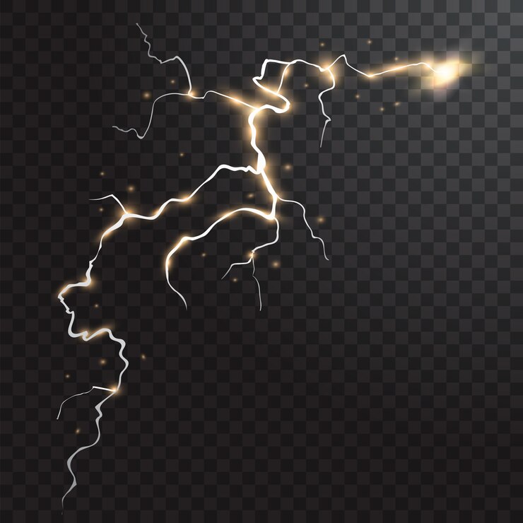 Vetor elemento realista de tempestade com flashes coloridos de relâmpagos acende no fundo transparente preto isolado