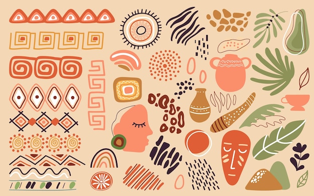 Elementos abstratos africanos rabiscos à mão livre formas de natureza ornamentos decorativos fronteiras étnicas modernas estilo mexicano boêmio conjunto de vetores decentes