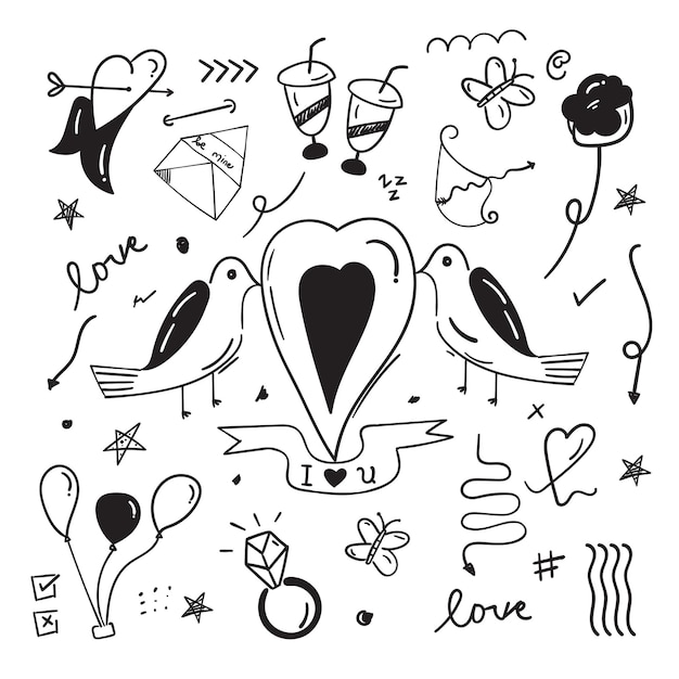 Elementos abstratos de rabisco de doodle com conceito de amor