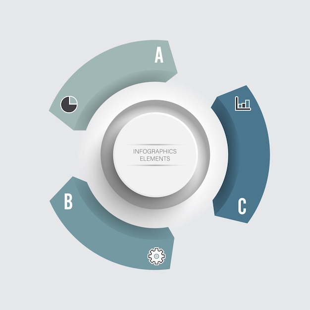 Vetor elementos abstratos do modelo de gráfico infográfico com rótulo, círculos integrados. conceito de negócio com 3 opções. para conteúdo, diagrama, fluxograma, etapas, peças, infográficos de linha do tempo, layout de fluxo de trabalho.