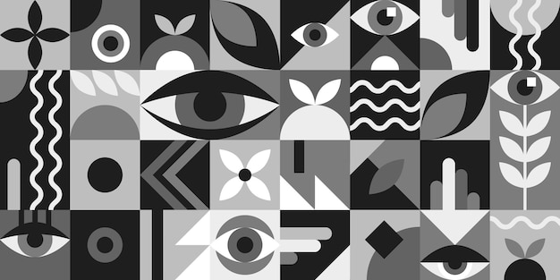 Elementos abstratos geométricos Bauhaus na cor preto e branco com olhos e formas simples O estilo moderno molda o design retro minimalista para o certificado do livro dos cartões do cartaz Colagem da tendência do hipster 20s
