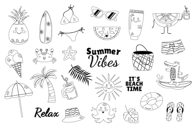 Elementos acessórios de contorno kawaii de desenho animado de verão definem um estilo bonito de rabisco plano