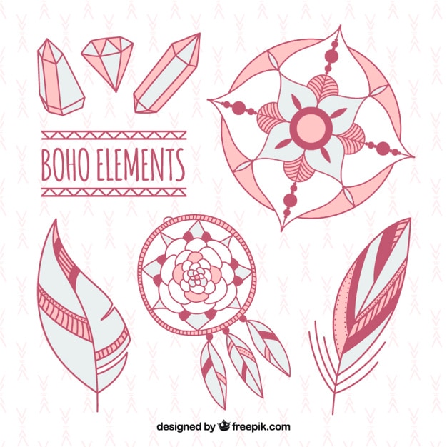 elementos boho e pedras preciosas de cor-de-rosa