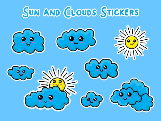 Elementos bonitos do clima e do céu. sol kawaii, nuvens. adesivos vetoriais para crianças, elemento de design isolado