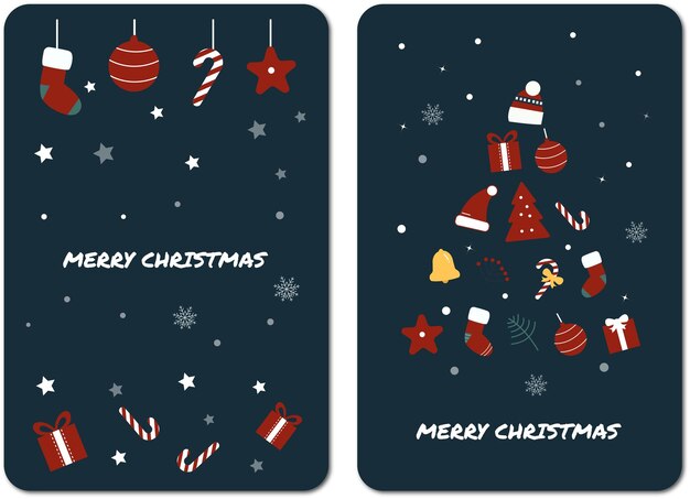 Elementos bonitos do conjunto de cartões de feliz Natal com letras de texto branco de saudação em fundo azul