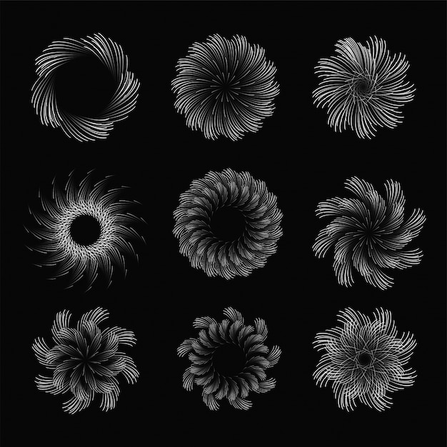 Elementos circulares abstratos feitos por linhas radiais, conjunto de nove efeitos radiais criativos em diferentes texturas.