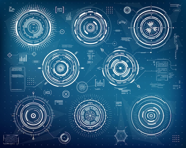 Vetor elementos circulares do hud infográfico futurista, interface web e dados visuais de negócios, vetor. gráficos de tecnologia hud e elementos digitais da tela da interface do usuário, diagramas gráficos na tela do painel virtual
