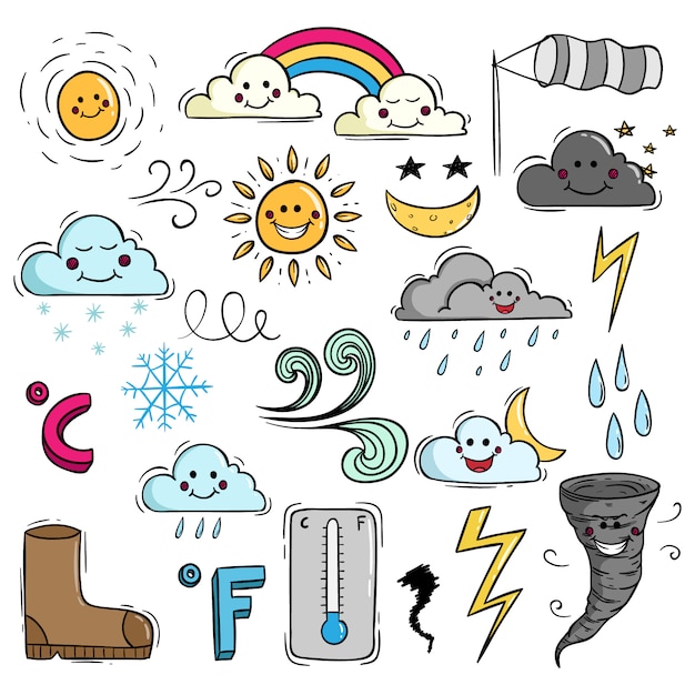 Elementos climáticos bonitos em estilo doodle