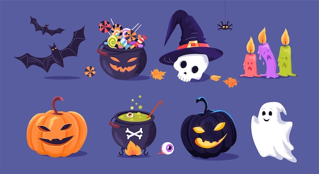 Elementos coloridos de decoração de halloween crânio abóboras aranha fantasma velas morcegos caldeirões