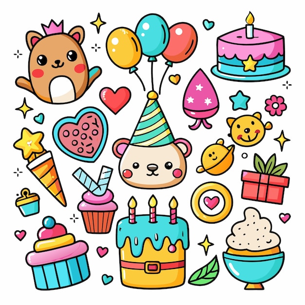 Elementos coloridos de festas de aniversário com animais e decorações bonitos