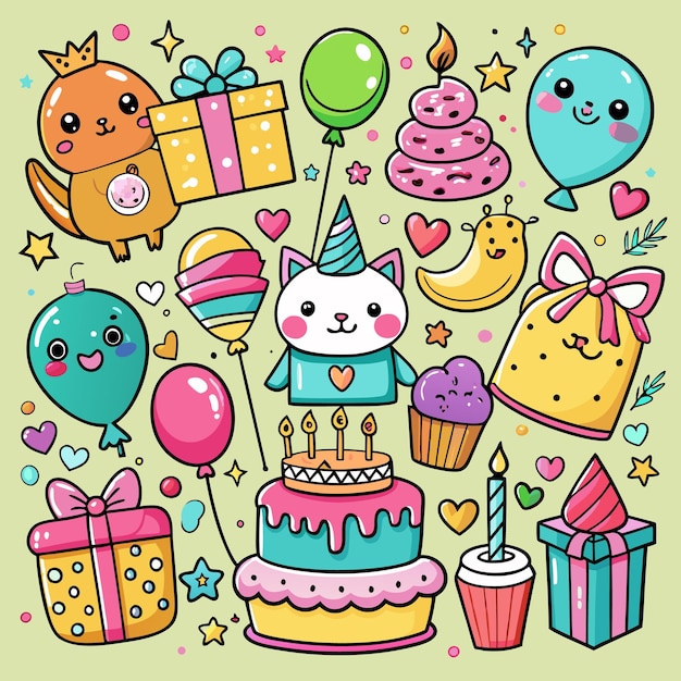 Elementos coloridos de festas de aniversário de desenho animado com presentes, balões, bolo e gato