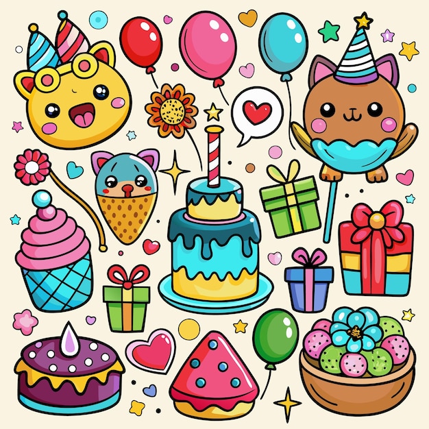 Elementos coloridos de festas de aniversário de desenhos animados, incluindo gatos, bolos, balões e presentes