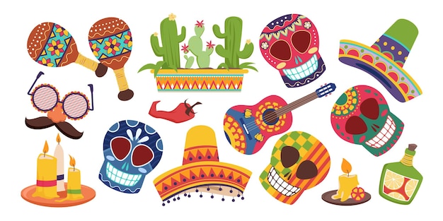 Elementos da cultura mexicana e adesivos definidos Dia dos Mortos no México coleção de símbolos