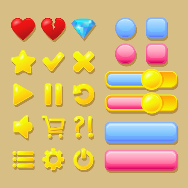 Elementos da interface do usuário, botões rosa e azuis, ícones de coração, diamante, ouro.
