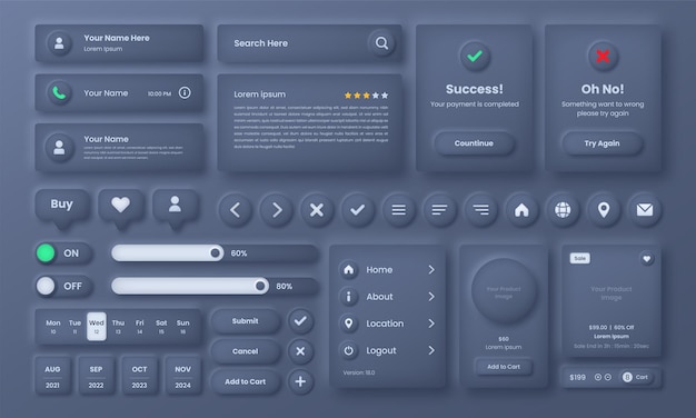 Vetor elementos da interface do usuário do estilo neomorfismo do kit de interface do usuário neomórfico