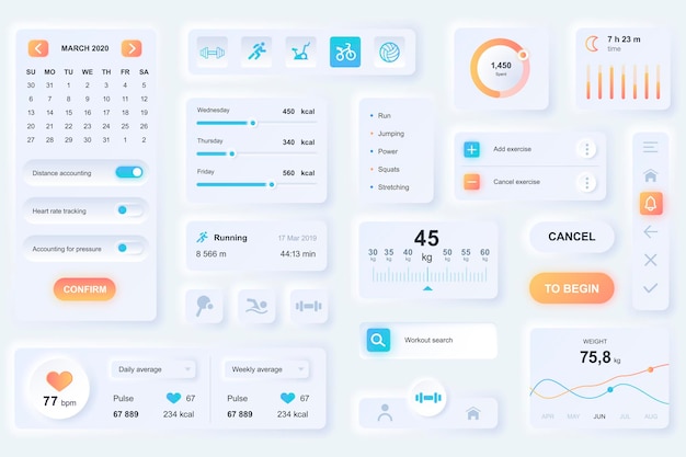 Elementos da interface do usuário para aplicativo móvel de fitness. modelo de elementos de ui, ux, gui, kit de design neumorfo exclusivo. estilo de neumorfismo. forma, componentes, botão, menu, ícones do vetor de esporte diferentes.