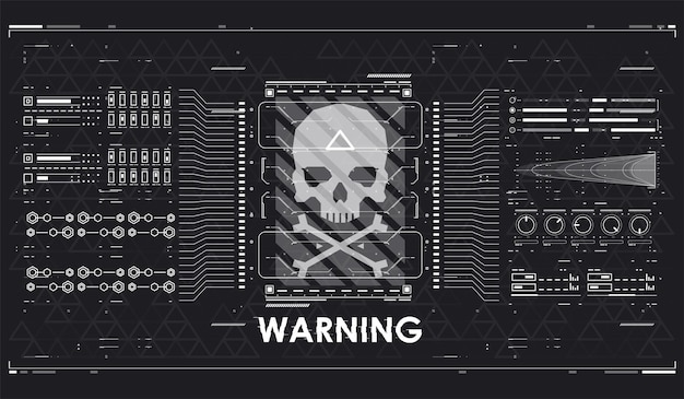 Elementos da interface HUD com sinal de atenção Layout conceitual de aviso com elementos HUD para impressão e web