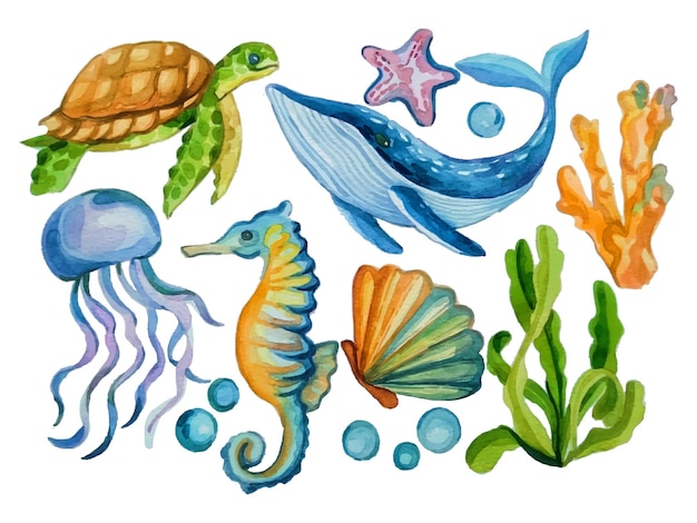Elementos de animais marinhos em aquarela