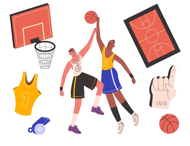 Vetor elementos de basquete atletas de desenhos animados personagens lutando por bola equipamento esportivo profissional jogo com cesta fito uniforme atlético vector isolado jogadores de streetball conjunto