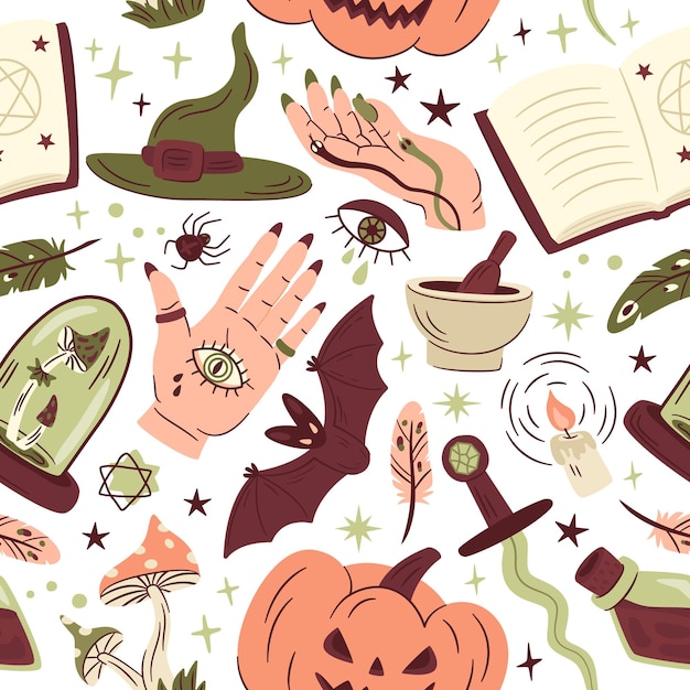 Elementos de bruxaria de halloween abóbora e aranha doodle ilustração vetorial sem costura