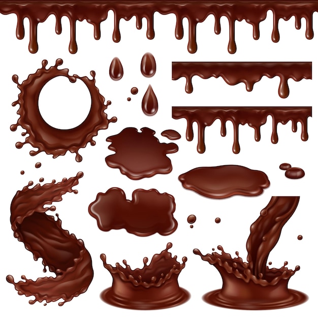 Elementos de chocolate realistas, gotas de chocolate quente, redemoinhos e salpicos. conjunto de ilustração vetorial de molho de cobertura de chocolate pingando. salpicos de sobremesa de chocolate líquido