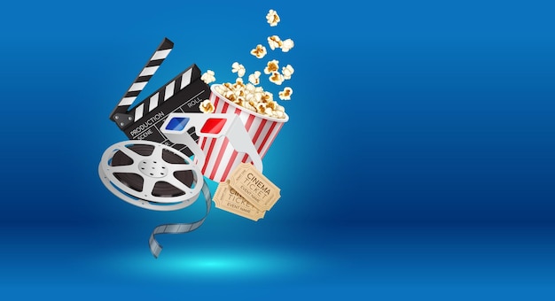 Elementos de cinema 3D realistas em fundo azul