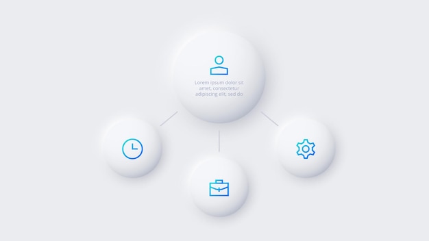 Elementos de círculo neumórfico para infográfico modelo para apresentação de gráfico de diagrama e conceito de skeuomorph gráfico com 4 opções de etapas ou processos de peças