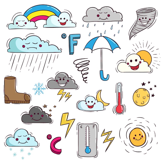 Elementos de clima bonito no estilo doodle