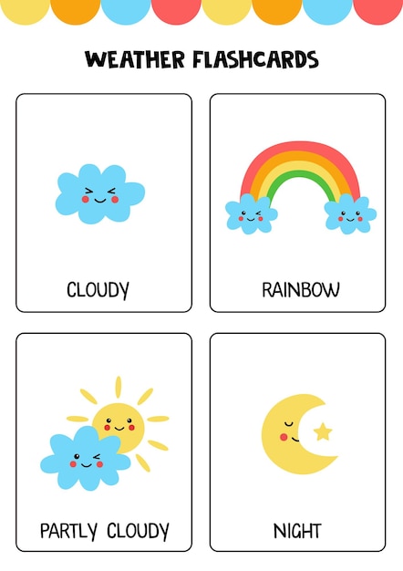 Vetor elementos de clima de desenho animado bonito com nomes flashcards para crianças