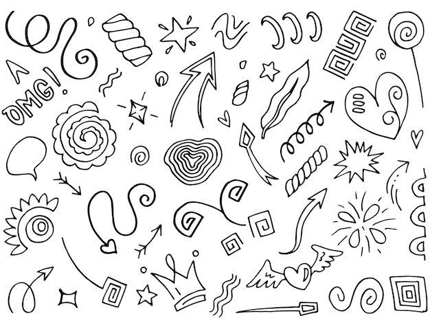 Elementos de conjunto desenhados à mão Fitas de setas abstratas e outros elementos em estilo desenhado à mão para design de conceito Doodle ilustração vetorial