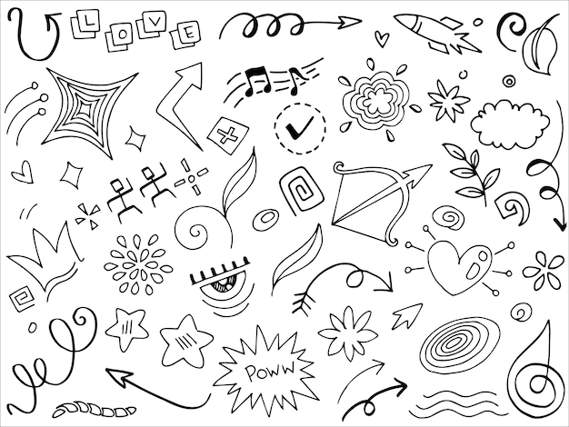 Elementos de conjunto desenhados à mão Fitas de setas abstratas e outros elementos em estilo desenhado à mão para design de conceito Doodle ilustração vetorial