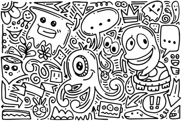 Elementos de conjunto desenhados à mão Setas abstratas fitas corações estrelas coroas monstros e outros elementos em estilo desenhado à mão para design de conceito Ilustração de rabiscos Ilustração vetorial