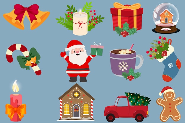 Elementos de decoração de Natal e personagens isolados para embalagens de padrão de impressão de banner de cartão de Natal