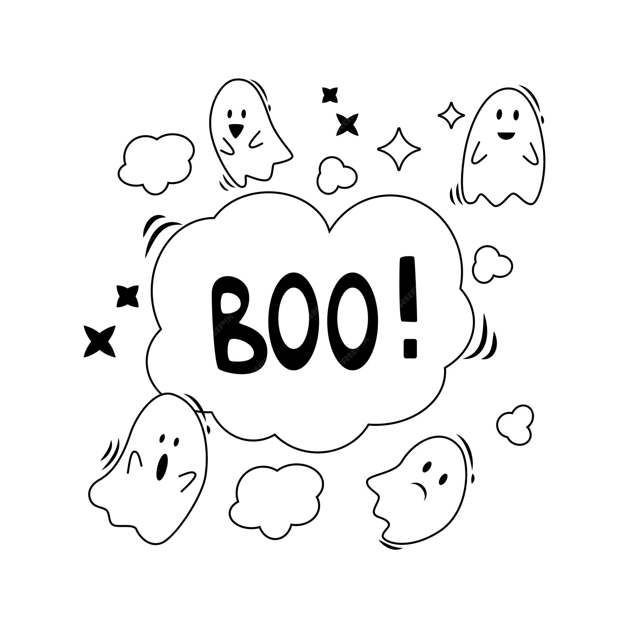 Elementos de desenho animado de halloween e letras boo line art