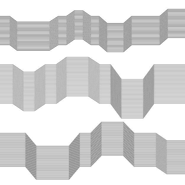 Elementos de design Curvo cantos afiados muitos riscos Listras horizontais quebradas abstratas em fundo branco isolado Arte de banda criativa Ilustração vetorial EPS 10 Linhas pretas criadas usando a ferramenta Blend