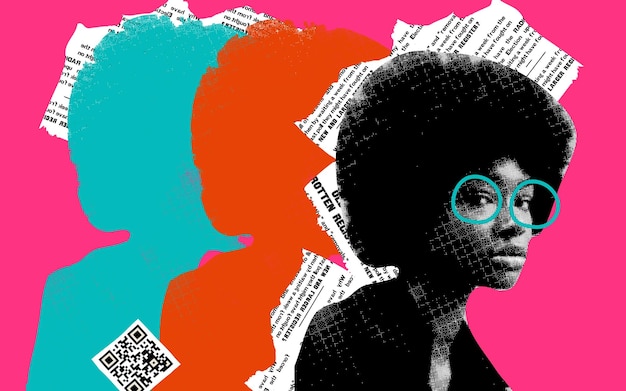 Elementos de design de colagem no estilo pop art pontilhado de moda Efeito retro de meio tom Retrato de uma menina