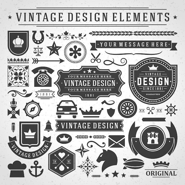 Vetor elementos de design de etiquetas e emblemas vintage com símbolos tipográficos