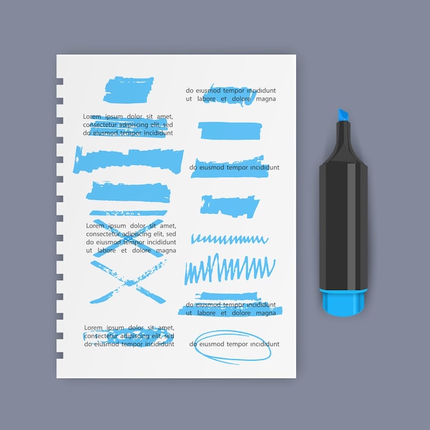 Elementos de design de marca-texto desenhados à mão marcam listras e traços podem ser usados para realçar o texto