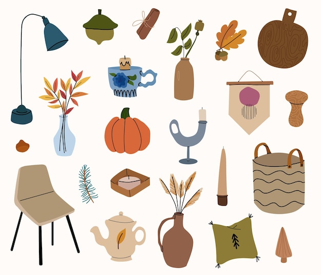 Elementos de design de outono escandinavo. móveis, velas, decoração para casa. ilustração em vetor mão desenhada dos desenhos animados.