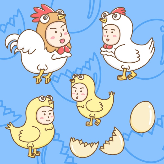 Elementos de design de personagens de desenhos animados bonitos em mascotes de frango.